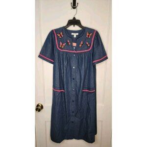 Go Softly Patio Dress Denim Muu Muu S Blue w/Embroidered Butterflies NWT